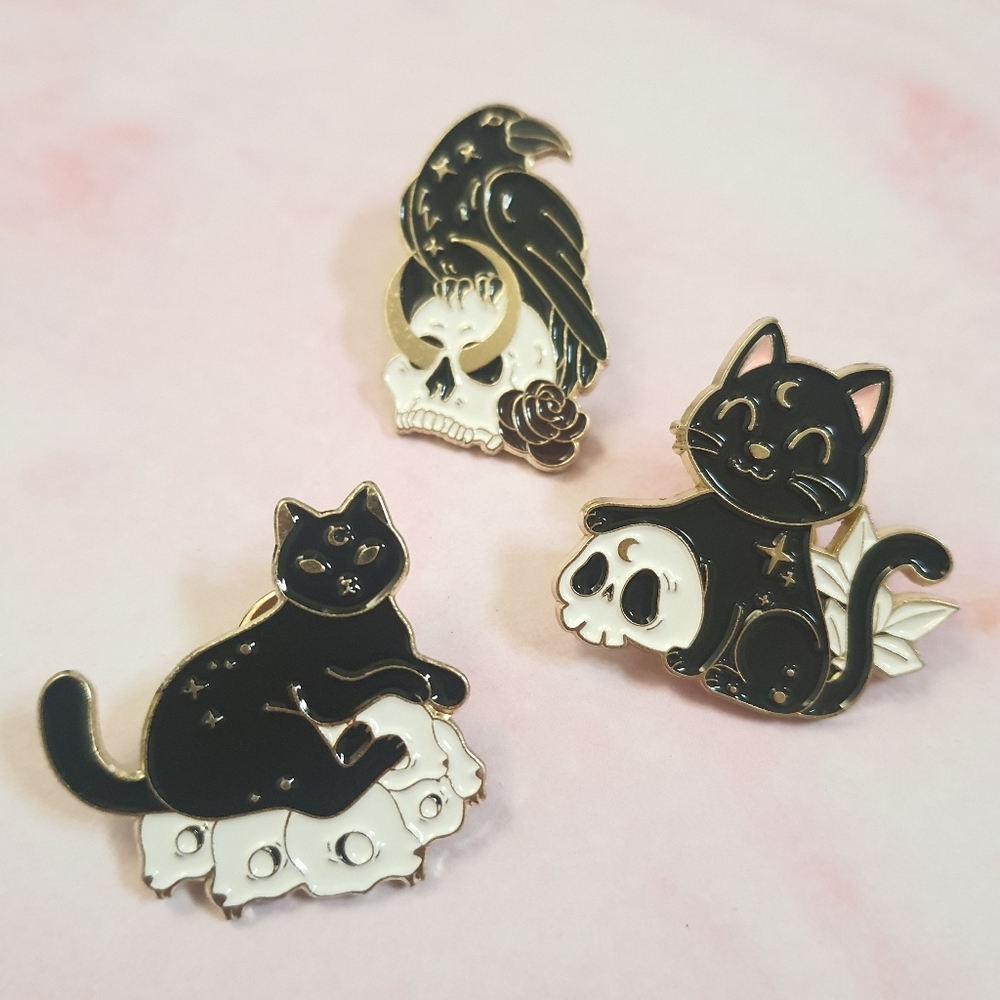 Lot Of 3 Cat Raven Skull Enamel Pins